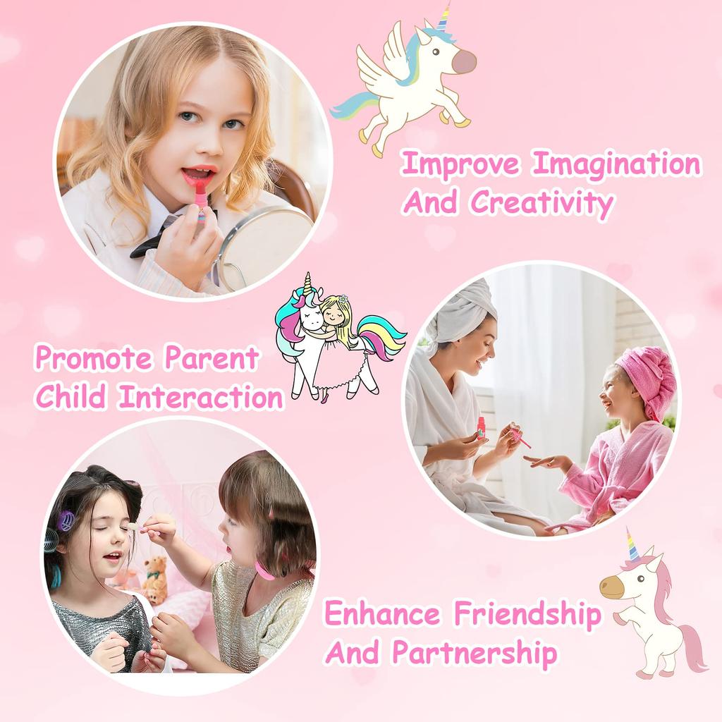 Bloranda 53-Piece Kids Washable Makeup Kit with Unicorn Vanity Case, Real Cosmetic Playset for Girls
