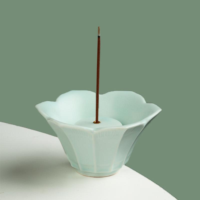 Ying Xiang Yuan Lotus Flower Ceramic Incense Holder & Stand Cyan Lotus Ceramic