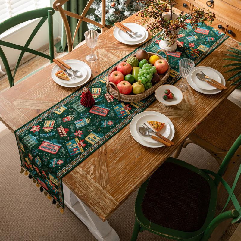 Table Runner Christmas Coffee Table Decor Embroidered with Hand-tassels for Indoor Outdoor Home Party Wedding Table Decoration