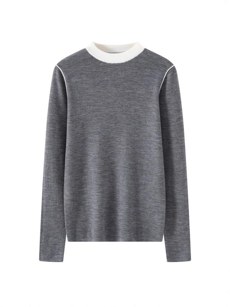 Women's Color-Block Knit Sweater, Long Sleeves, Fine-Spun Wool, French Style, Warm Base Layer for 2025 Autumn/Winter