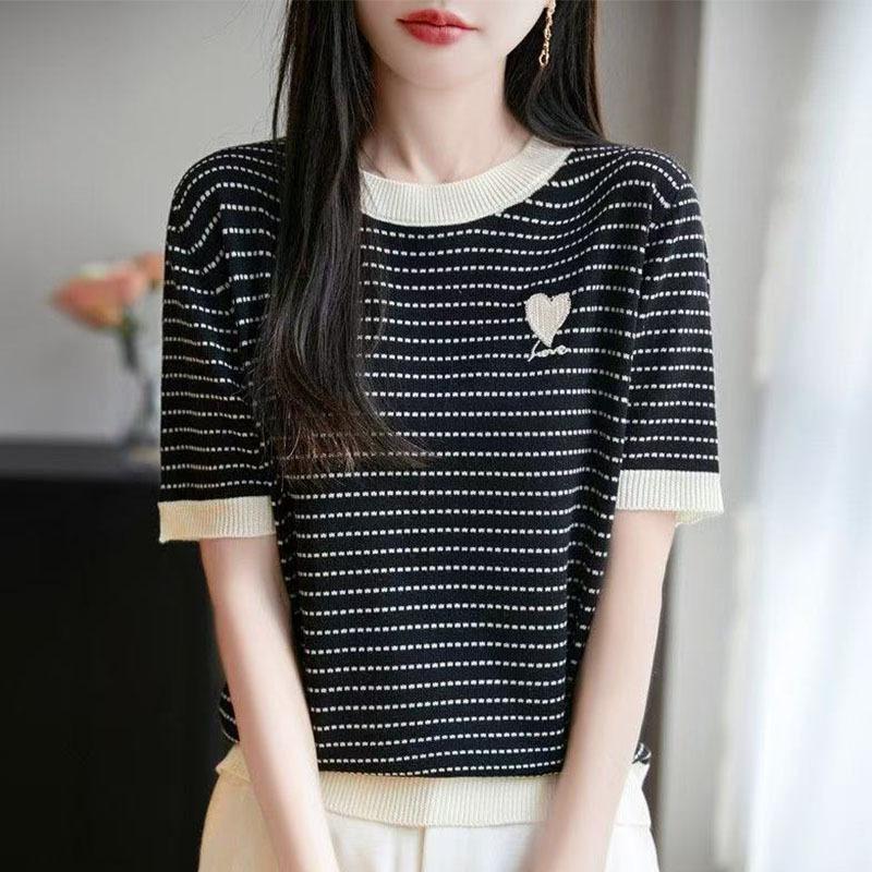 Summer New Heart-shaped Round-neck Knitted Sweater, Short-sleeved, Color-blocked Striped Embroidered Base Vest
