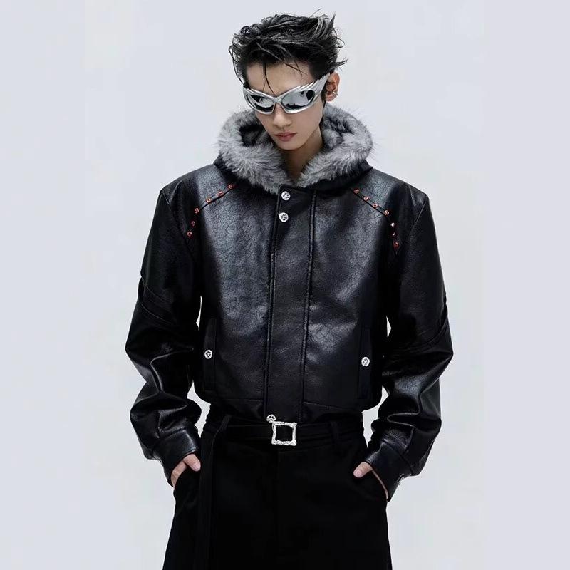 

Men s American-Style Black Hooded Leather Jacket with Fur Collar - Winter Plus Velvet Thickened Cotton Coat L чорний