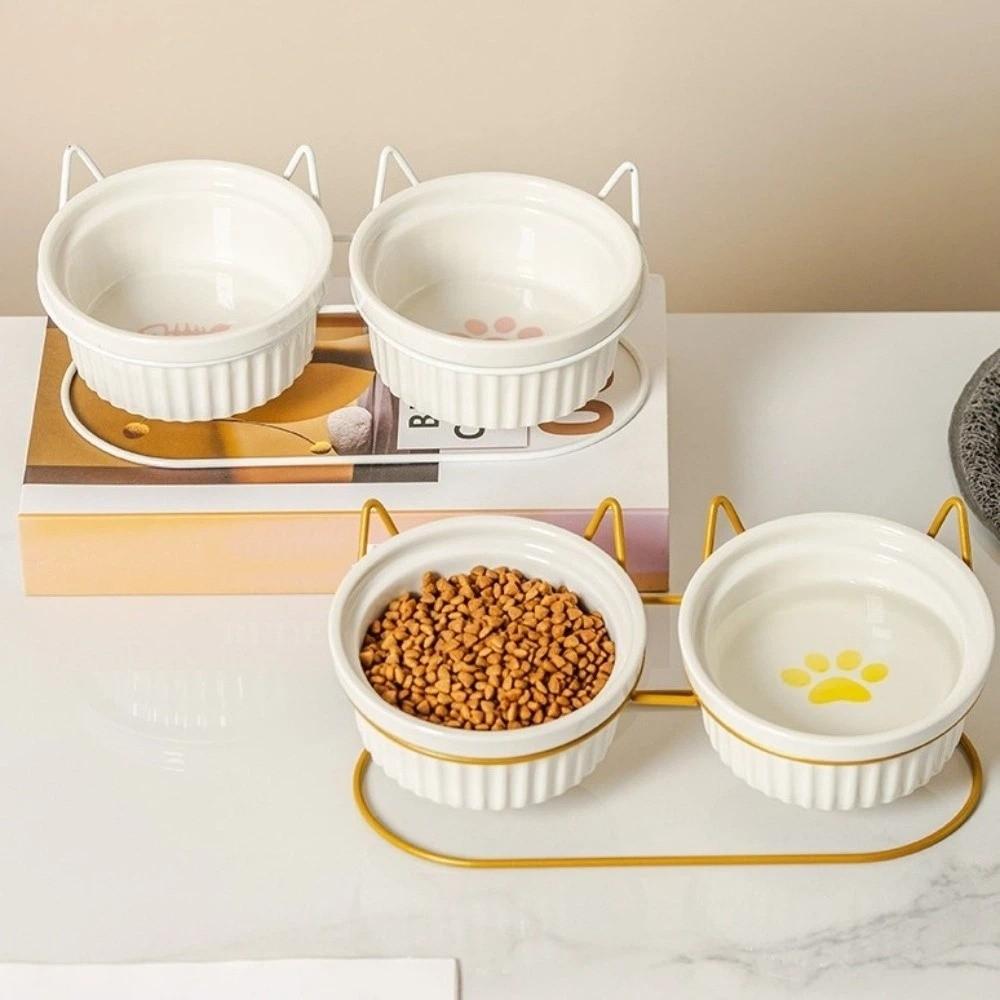Non-Slip Ceramic Cat Bowls Iron Bracket Cat Water Bowls Elevated Cat Double Bowls  Dog Feeder