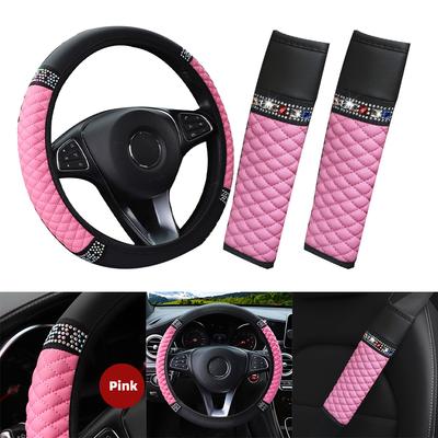 Soft and Glamorous Pink Bling Leather Car Steering Wheel Cover + Shoulder Pads