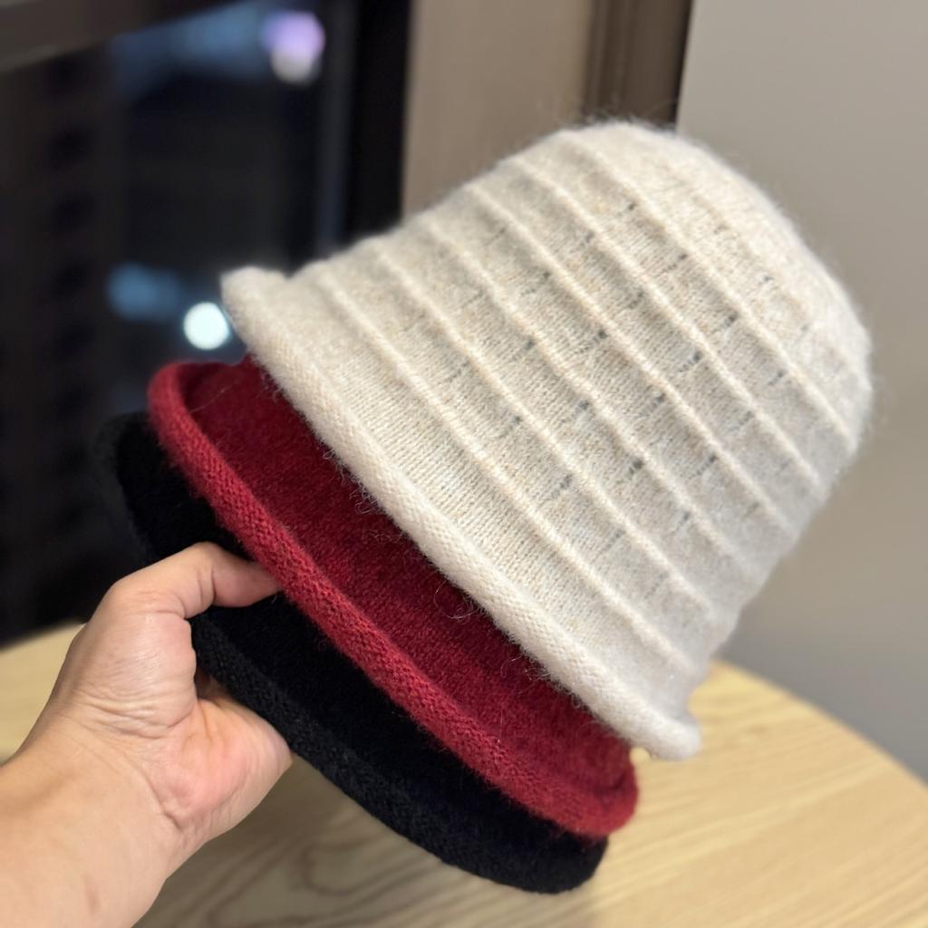New Style Fisherman Hat Women's Curled Top Hat Autumn and Winter Warm Knitted Cashmere Hat Temperament Face Small Basin Hat