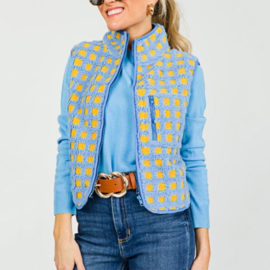 Gilet Veste Femme Col Montant Couleur Contrastée Sans Manches Motif Carreaux Gilet Cardigan Fermeture Éclair Quotidien