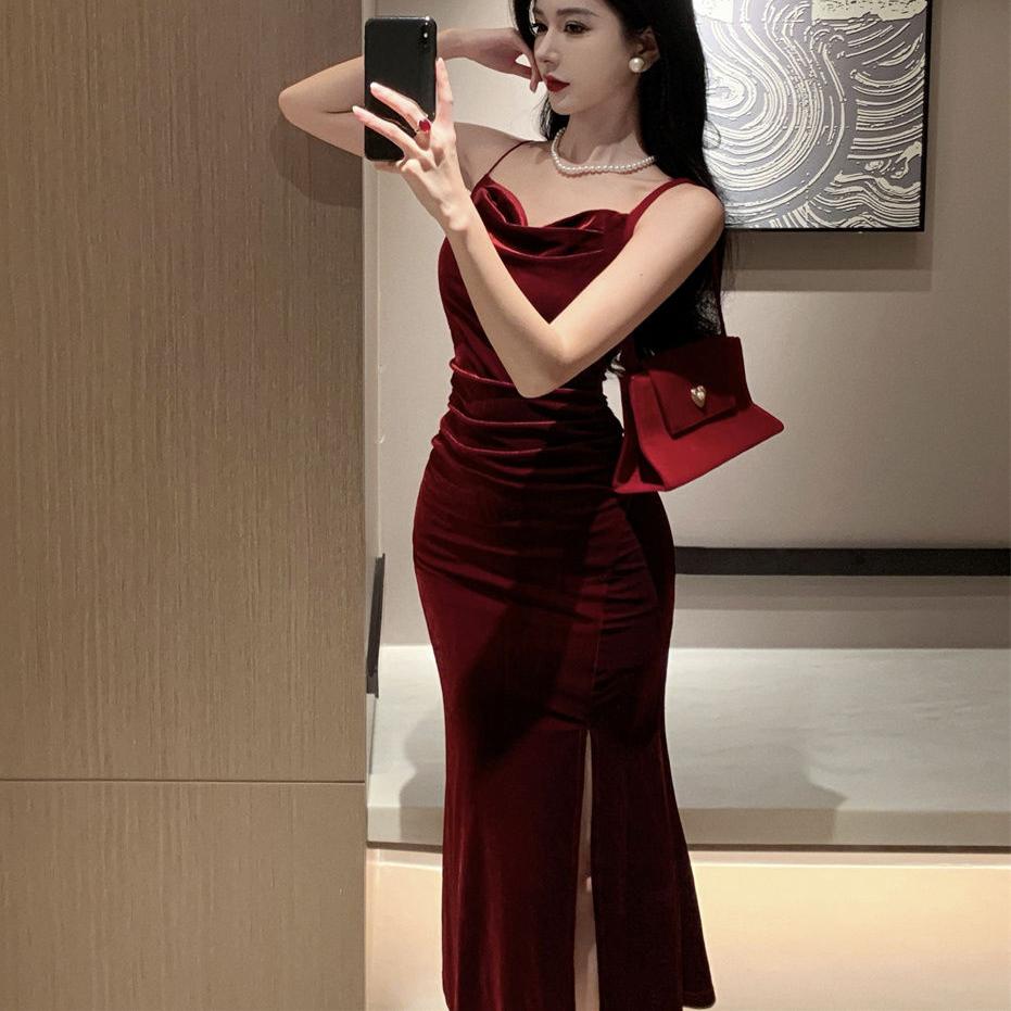 Vintage Sexy Club Prom Red Dresses for Women Spaghetti Strap Slit Velvet Dress Beach Bandage Bodycon Midi Dress Party Elegant