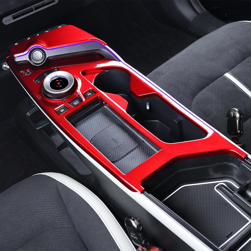 For KIA EV6 2025 2026 LHD Accessories Red Carbon Ferber Center Console Cover Trim With Fingerprints Interior Parts