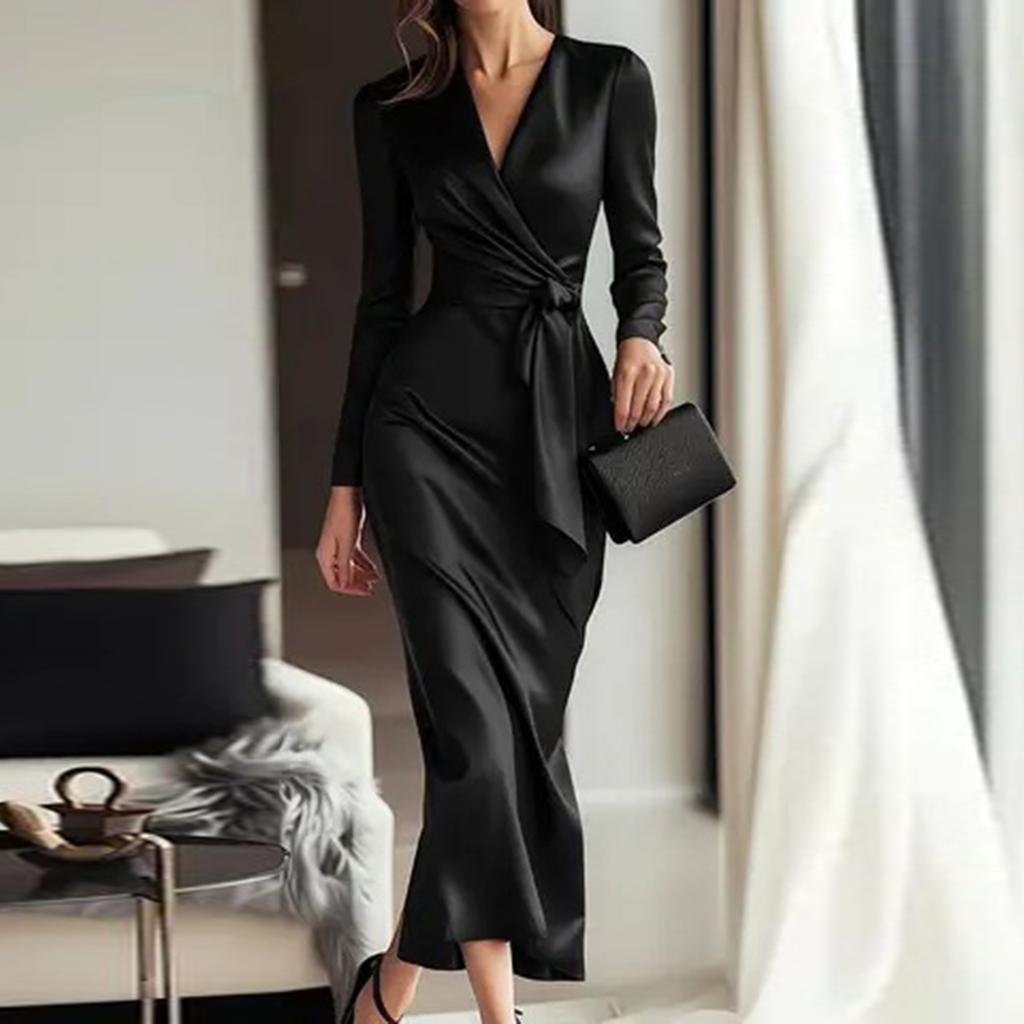 Robe Élégante et Gracieuse pour Femme - Manches Longues, Couleur Unie, Taille Nouée