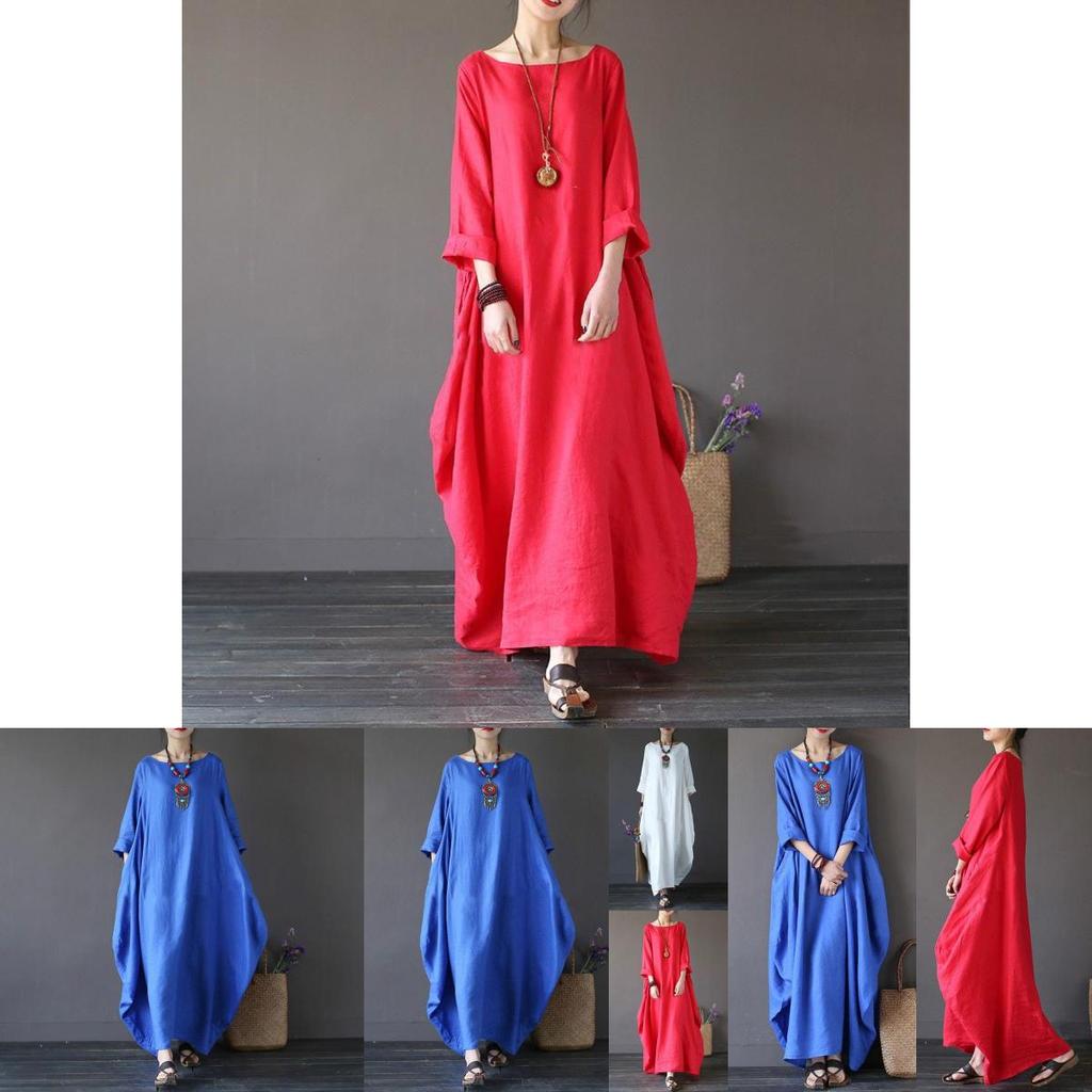 Chic Women Boho Cotton Linen Loose Long Sleeve Maxi Beach Blouse Casual Dress With Timeless Design