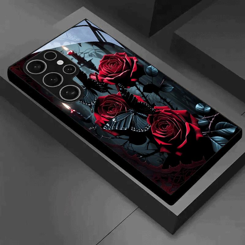 Mysterious Black Butterfly Red Rose Pattern Glass Phone Case Black for Samsung Galaxy S26 S25 S24 S23 S22 S21 S20 Note 20