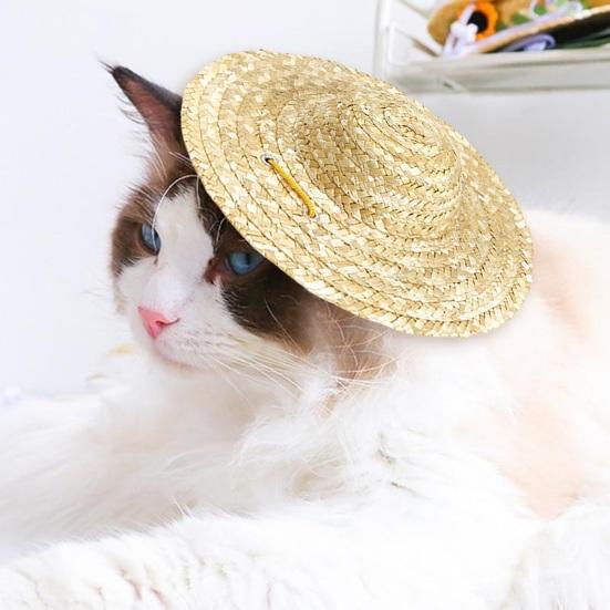 Yousheng Adjustable Cat Sun Hat Decorative Pet Accessory with Tie Retro Farmer Style Straw Hat for Cats And