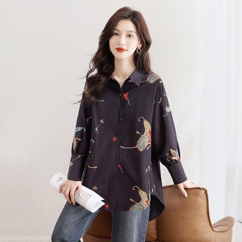Women s Retro Embroidered Loose Fit Long Sleeve Shirt M