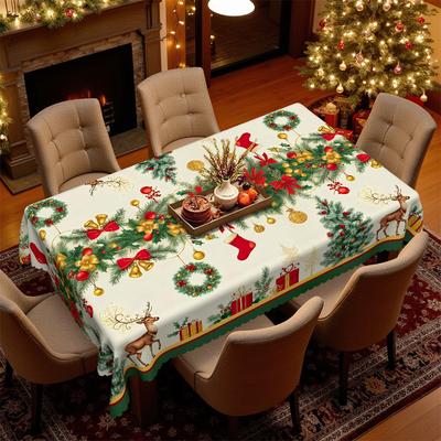 Christmas Tablecloth Bell Flower Print Waterproof Tablecloth Party Coffee Table Tablecloth, Holiday Decorative Tablecloth