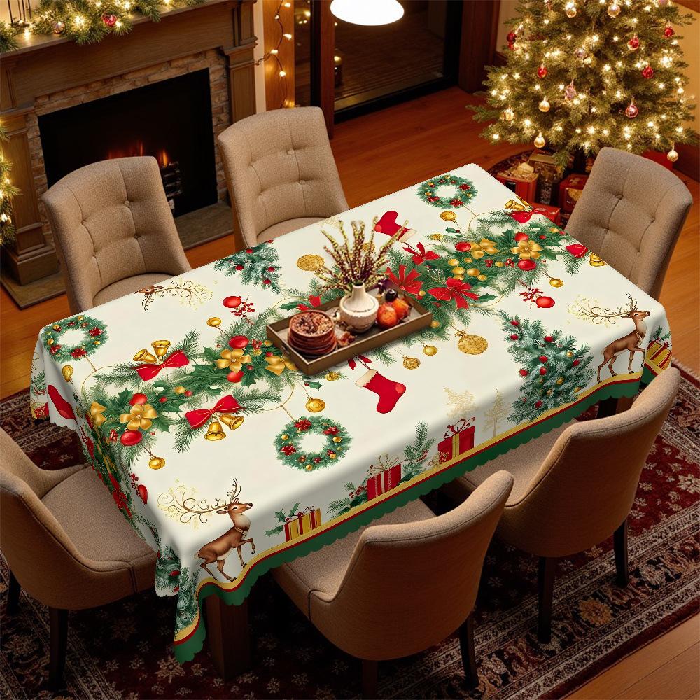 Christmas Tablecloth Bell Flower Print Waterproof Tablecloth Party Coffee Table Tablecloth, Holiday Decorative Tablecloth