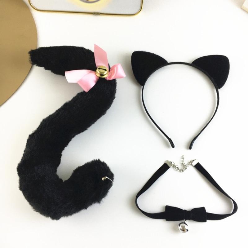 Djur Katter Rollekostym Djuröron Huvudbonad Svans Choker Halsband för Barn Pojke Flicka Cosplay Halloween Maskerad