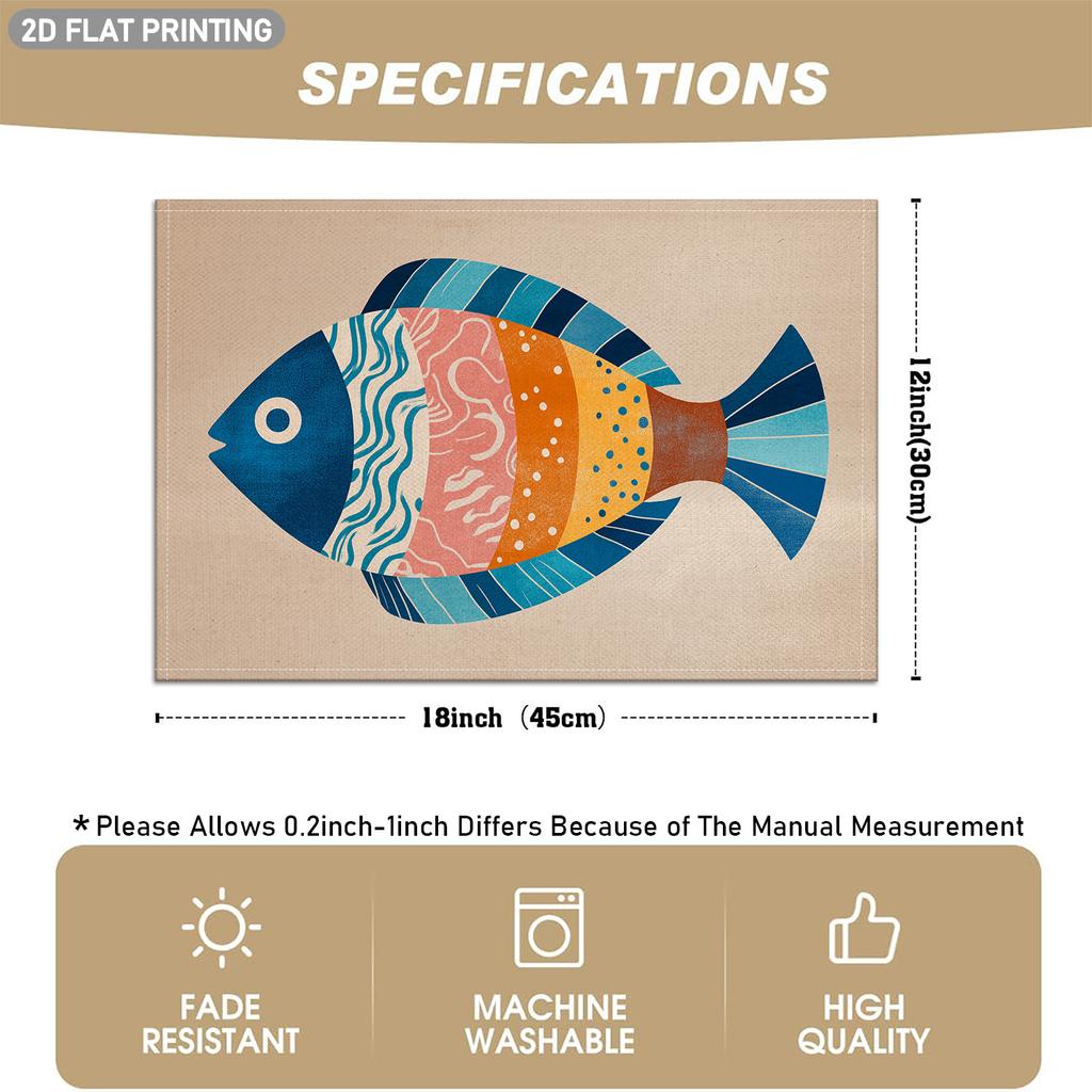 4/6pcs Set, Colorful Fish Pattern Linen Placemats, 2D Flat Design, Suitable for Indoor/outdoor Party Dining Decor, Kitchen Table Decoration, Holiday D