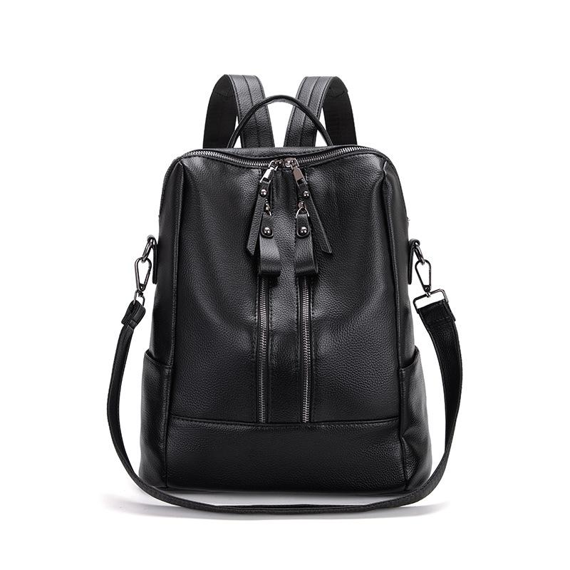 

Women s PU Backpack Double Zipper Solid Color Retro Large Capacity School Bag Multifunctional Shoulder Bag чёрный