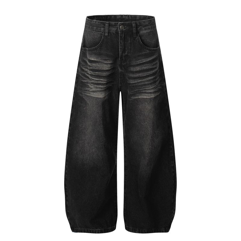 

Kisko American Retro Washed Whiskered Wide-Leg Black Jeans Unisex Trendy Brand Loose Drape Scimitar Pants Black 2XL