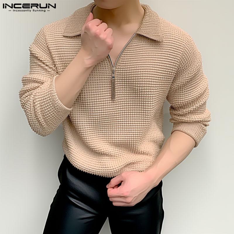 

INCERUN мужские пуловеры с длинными рукавами на молнии и лацканами, топы