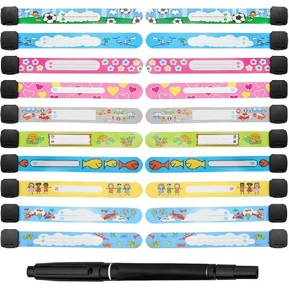 20PCS Id Bracelets for Kids,Safety Bracelets for Kids,Waterproof, Adjustable, Reble Bands for Boys and Girls with Bonus Writing Pen (10 Styles)