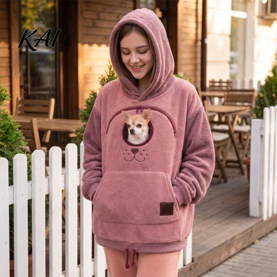 Warm Fleece Pet Holder Cat Hoodie with Pouch, Carrier Sweatshirt for Dog & Cat, Hooded Pullover, Hands Free Pouch Kangaroo Pocket, Drop Shoulder