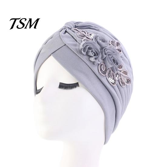 Winter Hat Women Good Stretch Wind-proof Tear-resistant Anti-shrink Brimless Warm Sequin Trim Flower All Match Turban Fashion Accessory Lady Beanie