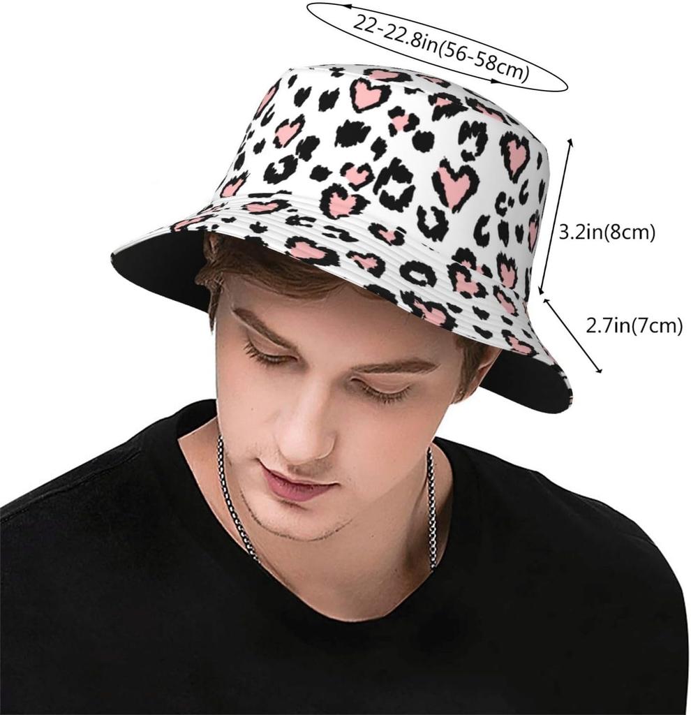 Pink Leopard Heart Print Bucket Hat Fashion Animal Pattern Sun Hat For Women Girls Summer Beach Outdoor Streetwear Protection