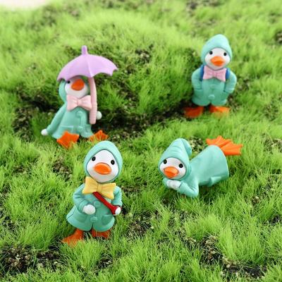 4pcs/set Umbrella Raincoat Cute Cartoon Duck Miniature Figurine Ornaments Yellow Ducklings Figurine for Miniature Garden Decor