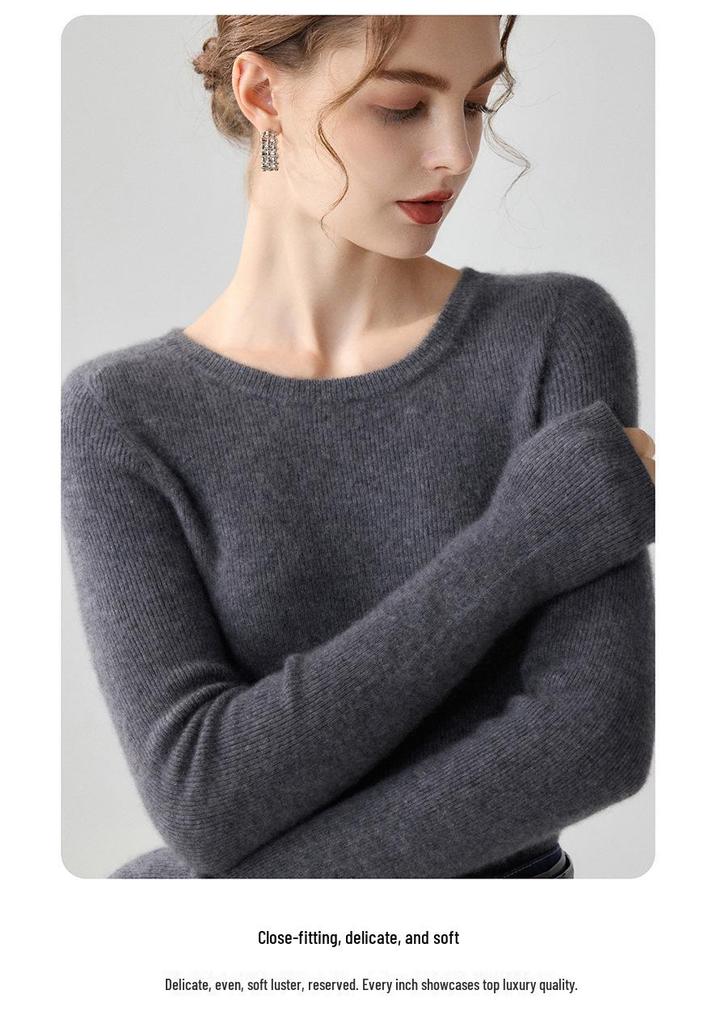 Women's 100% Pure Cashmere Round Neck Minimalist Sweater - Soft, Skin-Friendly, Slim-Fit Pullover Knitwear.