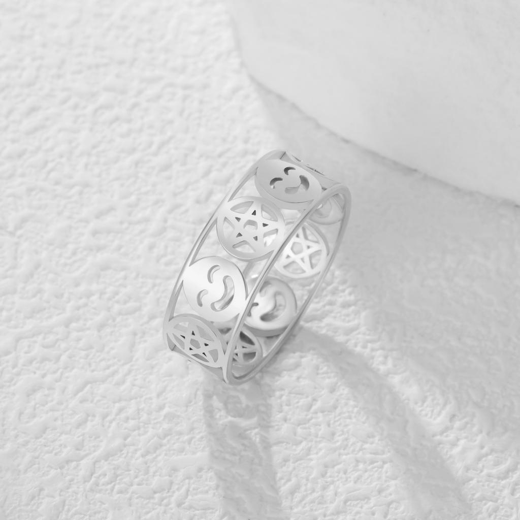 Lemegeton Pentagram Smile Symbol Rings Stainless Steel Fashion Geometric Rings for Women Men Good Lucky Jewelry Gift Wholesale