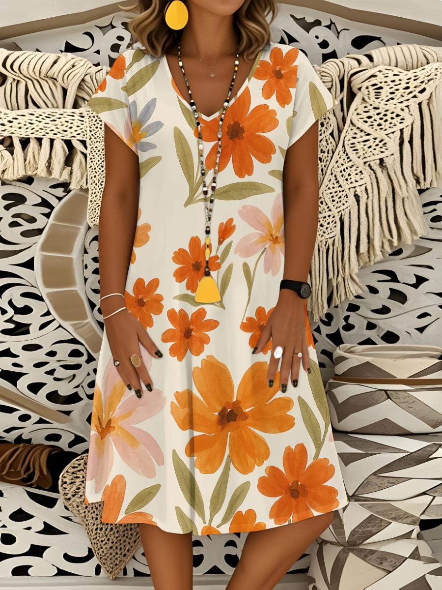 

Women s V Neck Short Sleeve Floral Print Summer Dress Casual Cotton A Line Dress for Daily Wear Vacation Outfit Spring Autumn 6XL