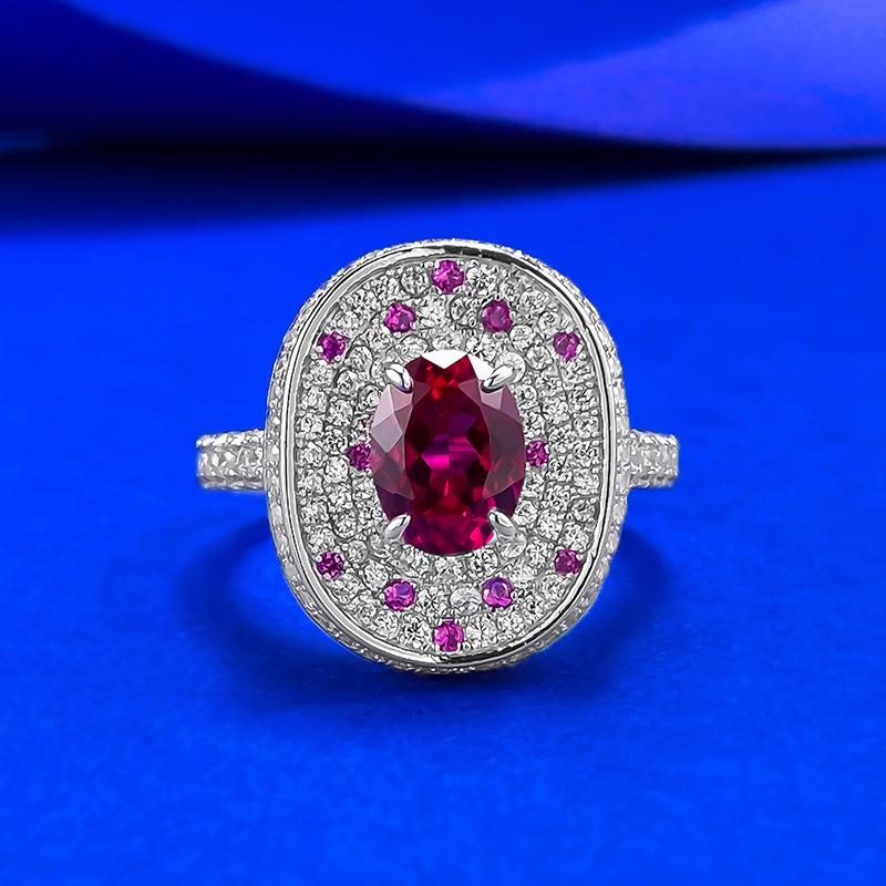 

S925 Silver 6x8mm Oval Pigeon Blood Red Full Diamond Seal Ring Size 5