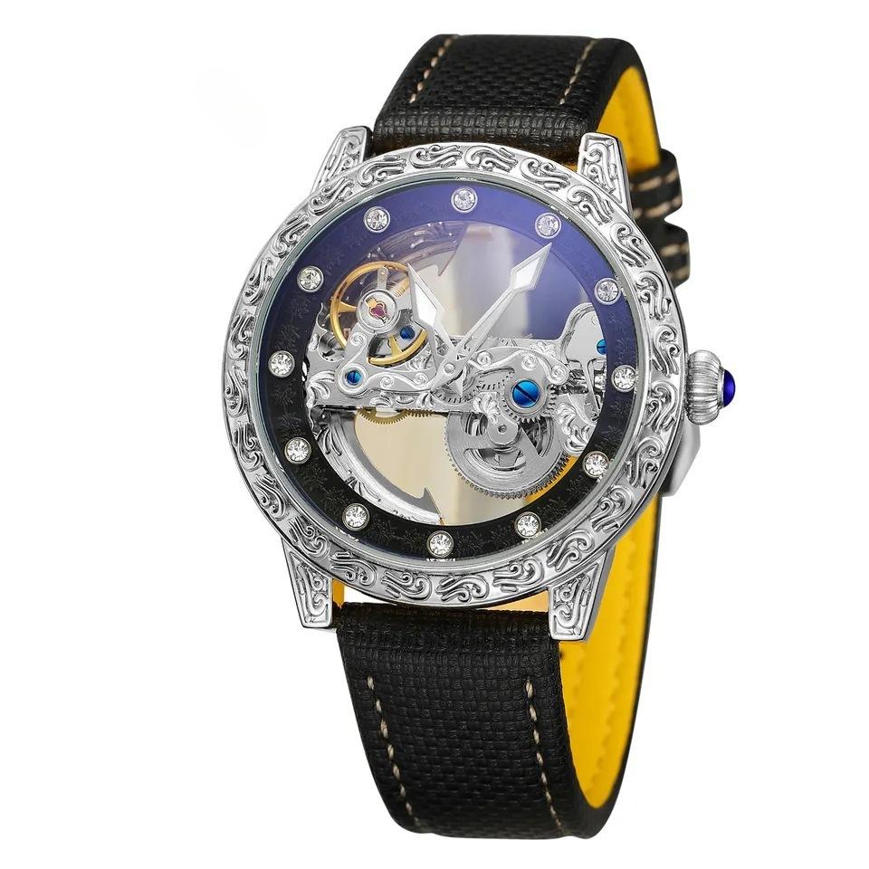 

Мужские модные повседневные механические часы с полым механизмом и одним мостом в европейско-американском стиле