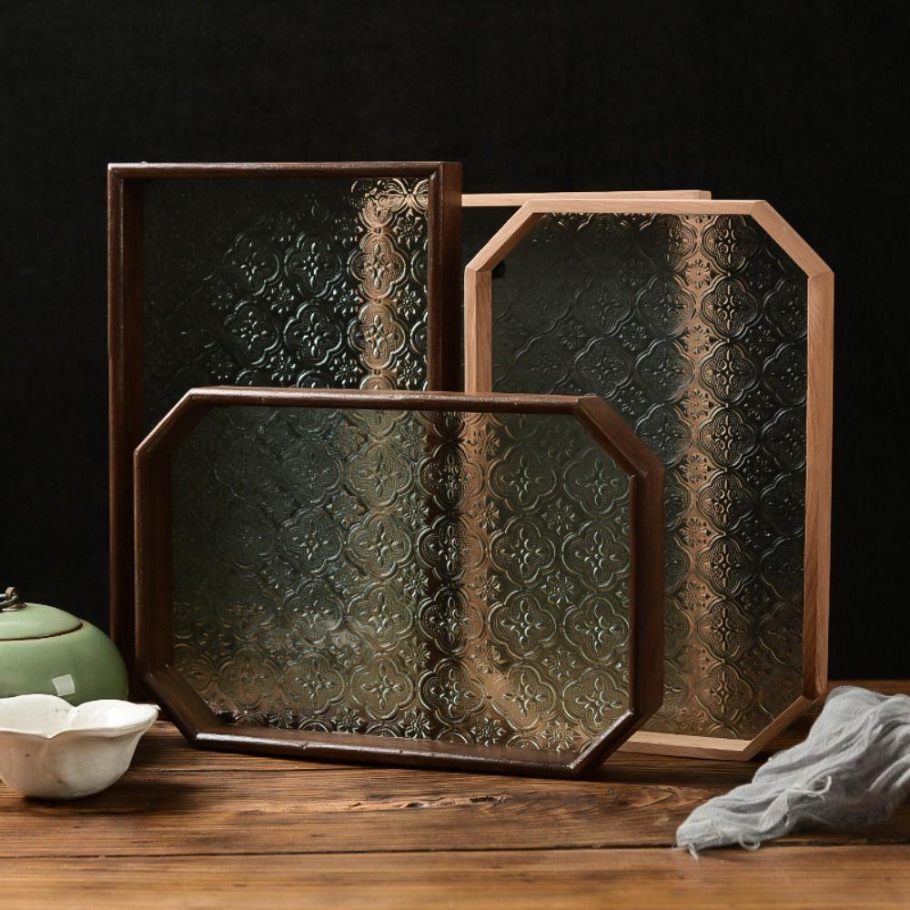 Simple Begonia Embossed Glass Tray Wooden Storage Display Plates Multi-Function Tea Tray  Desk