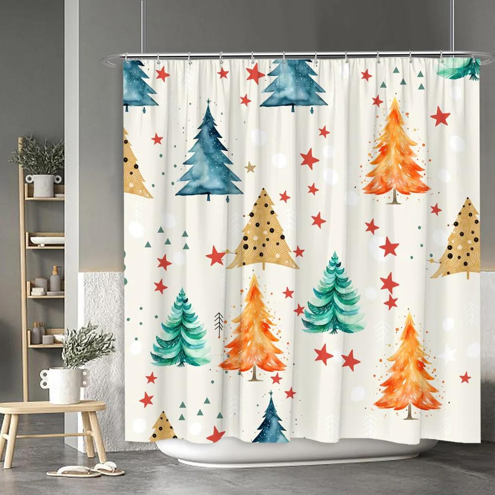 Christmas Shower Curtain Santa Claus Snowman Moose Cartoon Christmas Tree Winter Home Polyester Fabric Bathroom Decor Curtains