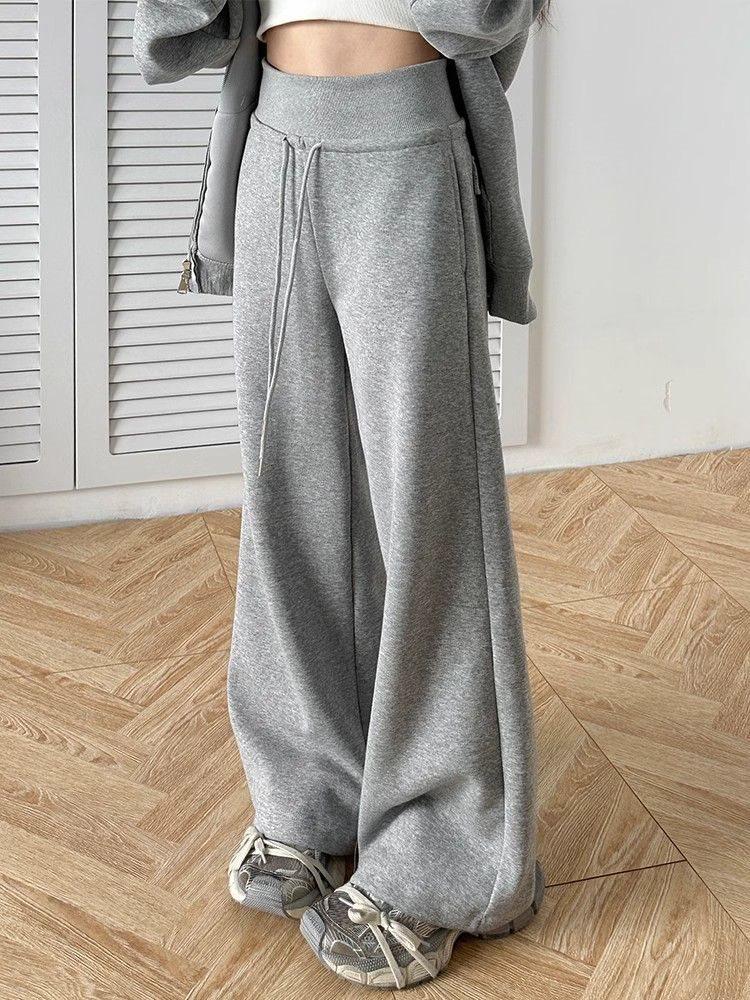 Women's High-Waisted Wide-Leg Fleece-Lined Sweatpants: Autumn/Spring Slimming, Loose, Casual American Style with Drawstring.