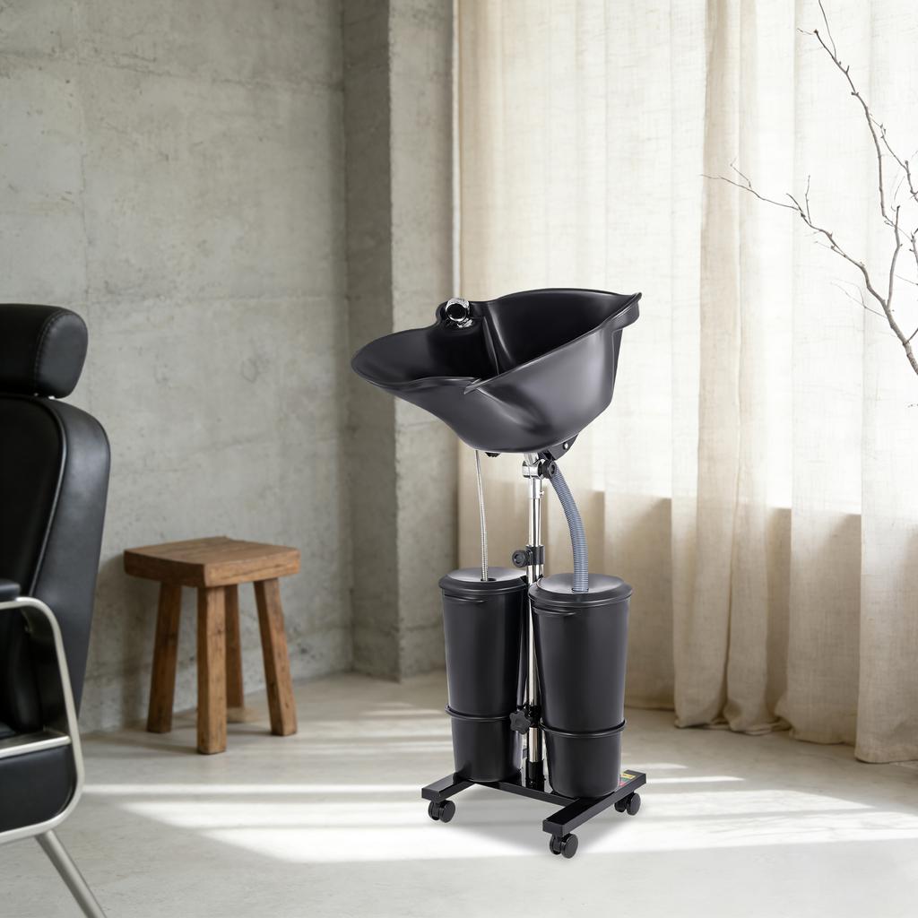 Bymaocar Dual Bucket Large-sized Vertical Non Bending Hair Wash Basin Adjustable Height and Angle with Wheels for Salon Stylists