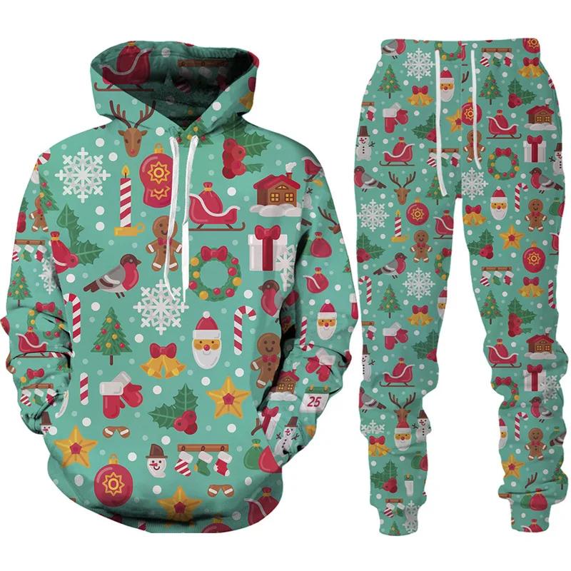 

Новогодние рождественские толстовки с капюшоном Y2k мужские брюки Санта-Клаус мужской 3D-печатный спортивный костюм комплект новинка свободный мужской уличная одежда 3XL