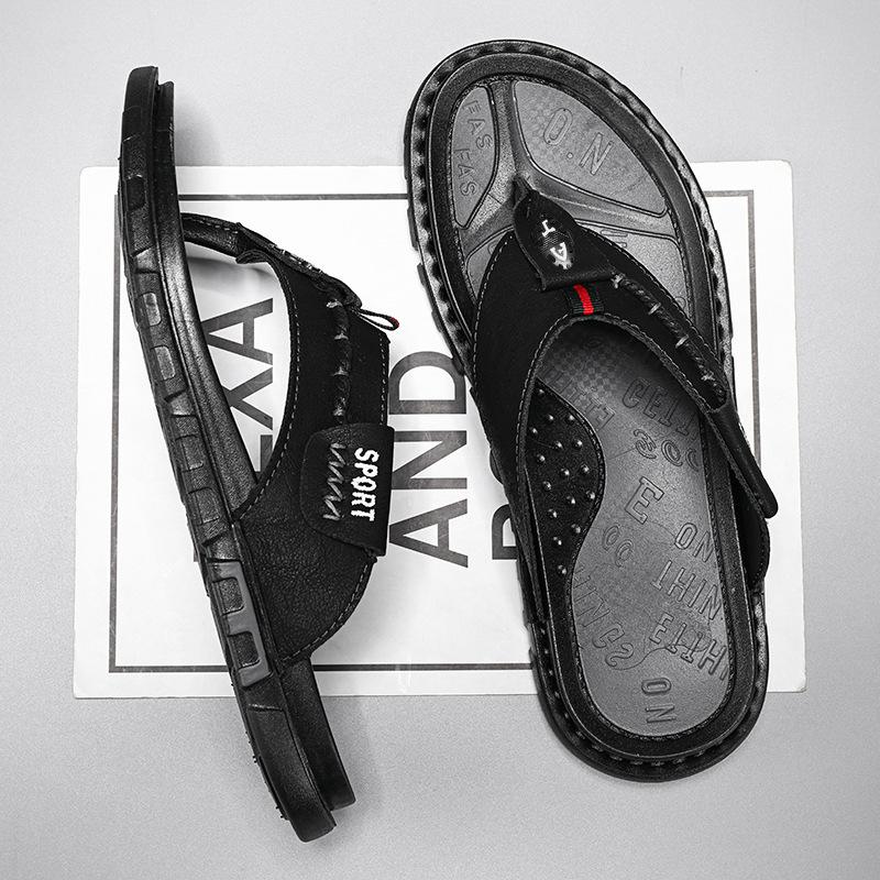 

Мужские шлепанцы большого размера, модные, из первого слоя коровьей кожи, для улицы, дышащие, дезодорирующие, для ног, пляжные, крутые шлепанцы, мягкая подошва, нескользящие 47 чёрный