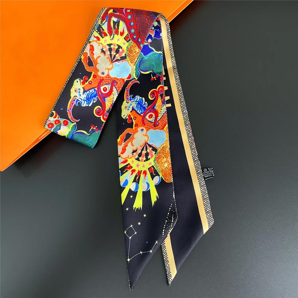 Französischer Frühlings-Hot-Sale: Damen-Twill-Tasche mit scharfem Hornriemen, Pflanzen- und Dschungeltiermotiven, Seidenband, Haarband und kleinem Schal mit Punktmuster