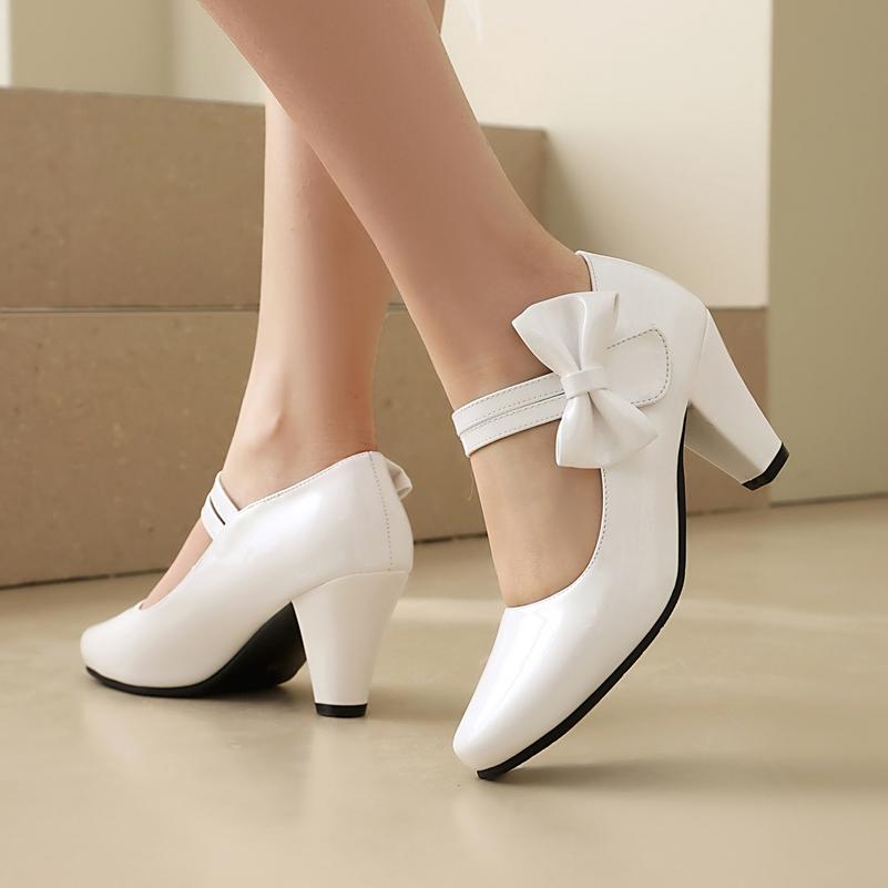 FOREADA Women Patent Leather Pumps Round Toe Mary Janes Heels Thick High Heels Buckle Bow Ladies Fashion Shoes Sping Autumn Pink 46