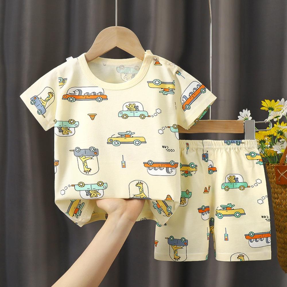 Kids Cotton Short Sleeve 2Pcs Set, Summer Shoulder Snap T-shirt & Shorts for Toddler Boys Girls