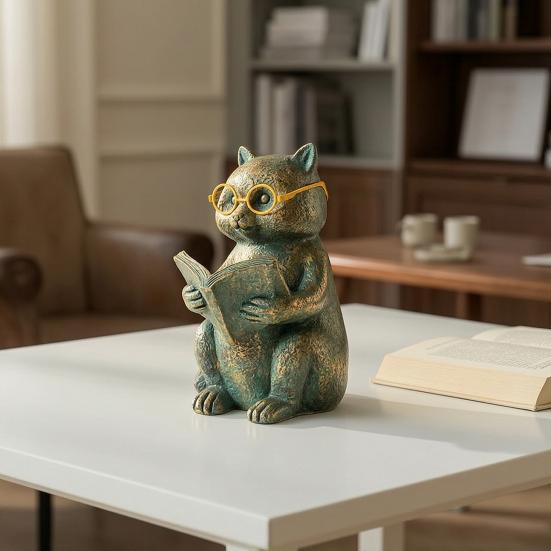 Reading Animal Figurine Retro Owl Rabbit Raccoon Reading Book Statue with Glow in The Dark Glasses for Bookshelf Desktop Home Decor