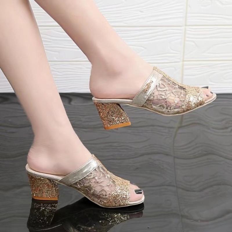 Sandals Women's New Summer Models, Fish Mouth Middle Heel Mesh Thick Heel Sequins Casual Large Size Sandals