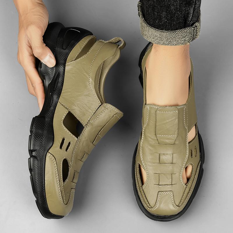 Summer Mens Genuine Leather Slip-On Sandals Breathable Outdoor Casual Shoes Non-Slip Lightweight Walking Loafer Driving Moccasin