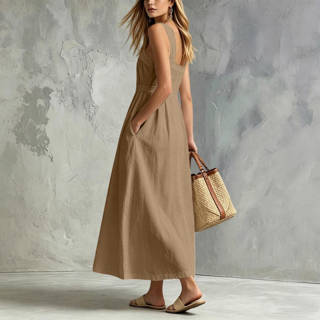 Women Sleeveless Button Front Maxi Dress Casual Long Dress with Pockets Lightweight Summer Sundress