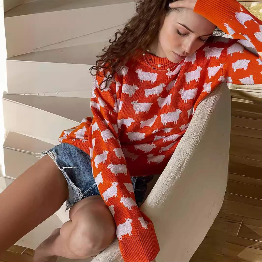 Круглый вырез альпака принтованный свитер осень и зима новый женский свободный — фото 4