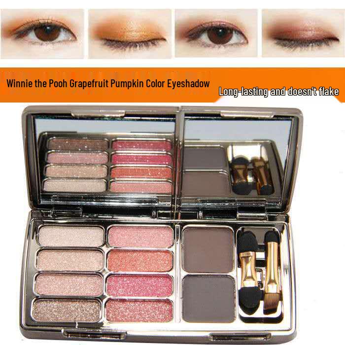 Winnie the Pooh Eyeshadow: 8-Color Palette with Diamond Finish & 2 Eyebrow Powders.