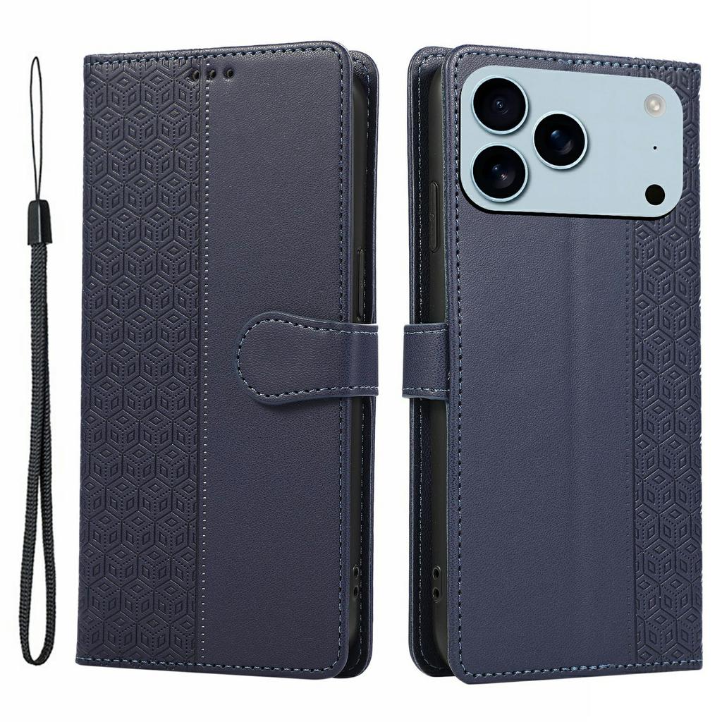 For iPhone 17 Pro Case Splicing Imprinted Rhombus Leather Phone Cover with Wrist Strap